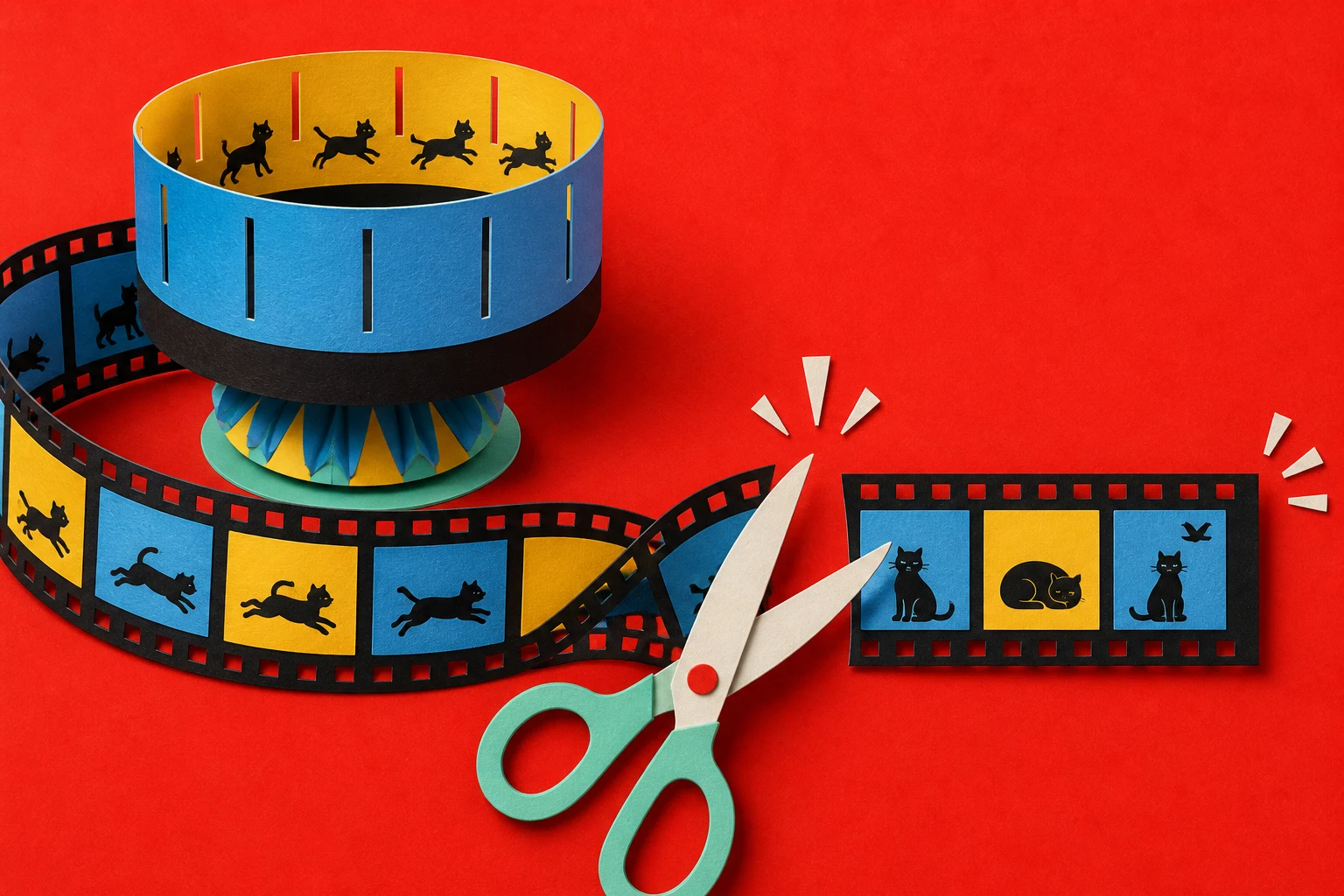 Kırmızı fonda dönen film şeridini kesip sonlu üç kareye dönüştüren kâğıt kolaj illüstrasyonu