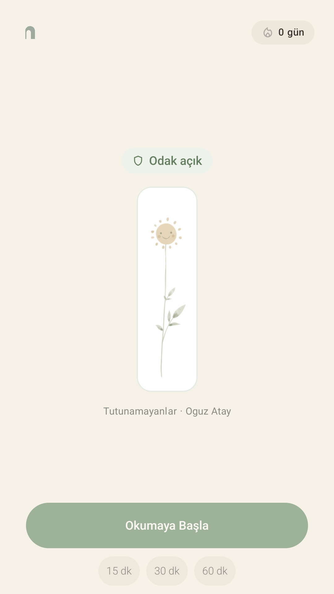 sakin Android uygulamasında odak seansı ve okuma ekranı