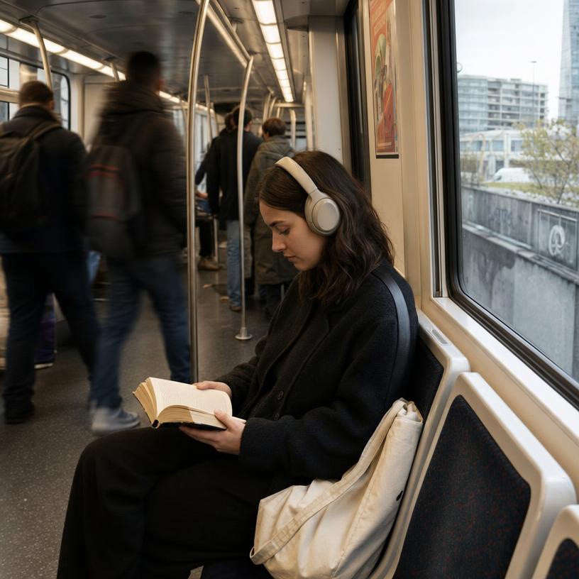 Metroda kulaklıklarıyla kitap okuyan genç bir kadın