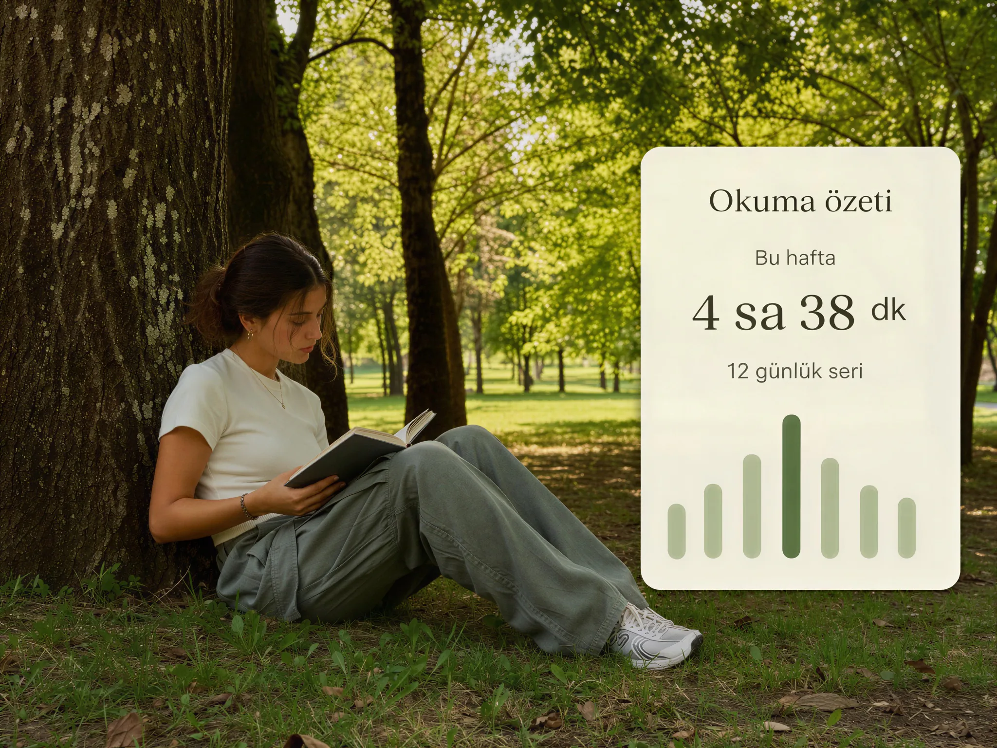 Parkta ağaca yaslanarak kitap okuyan bir okur ve haftalık okuma özeti