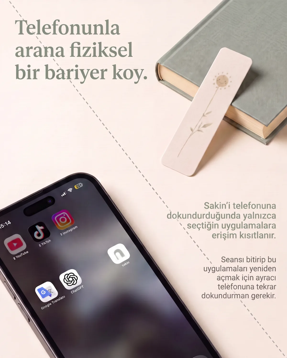 sakin kitap ayracının dikkat dağıtan uygulamalara fiziksel bariyer oluşturması
